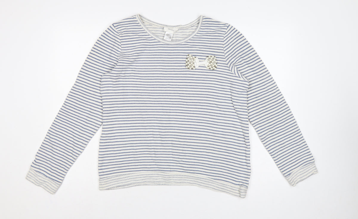 Soft Grey Women’s Blue White Stripe Beaded Bow Cotton Top UK 16