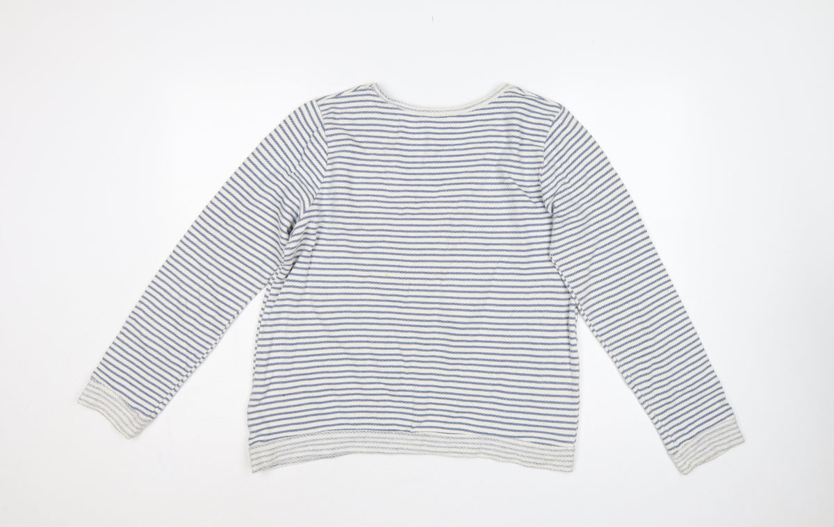 Soft Grey Women’s Blue White Stripe Beaded Bow Cotton Top UK 16