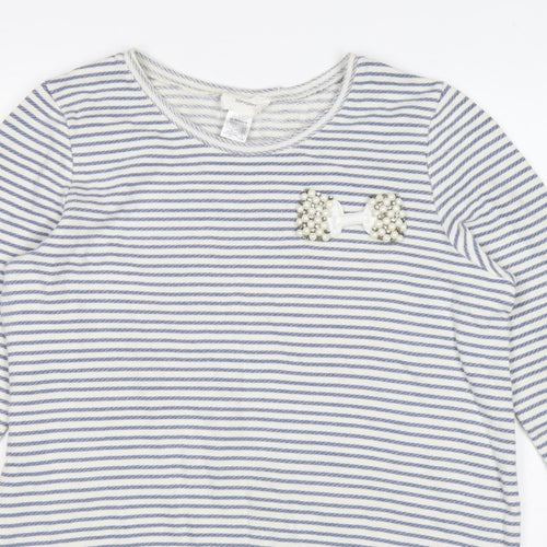 Soft Grey Women’s Blue White Stripe Beaded Bow Cotton Top UK 16