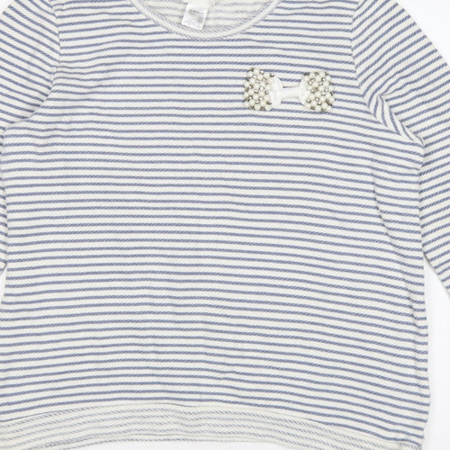 Soft Grey Women’s Blue White Stripe Beaded Bow Cotton Top UK 16