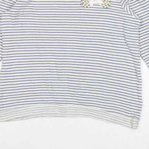 Soft Grey Women’s Blue White Stripe Beaded Bow Cotton Top UK 16