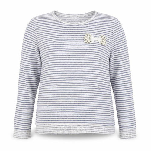 Soft Grey Women’s Blue White Stripe Beaded Bow Cotton Top UK 16