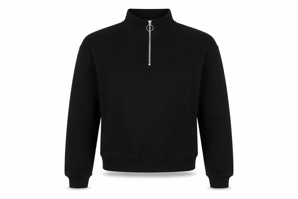 Pull&Bear Women's Black S Quarter Zip High Neck Pullover Sweatshirt