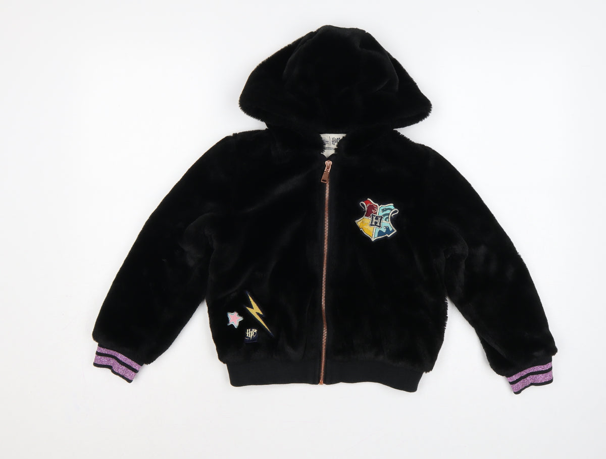 M&S Girls Black 7-8 Years Harry Potter Hooded Faux Fur Bomber Jacket