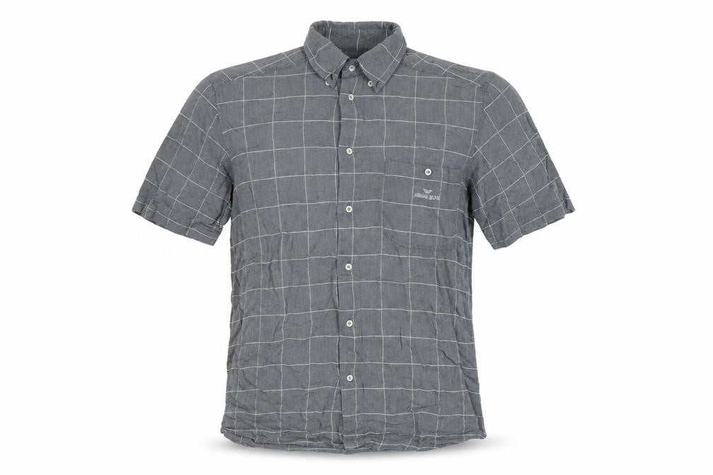Armani Jeans Men Grey Check Extra-Slim S Short Sleeve Button-Up Shirt