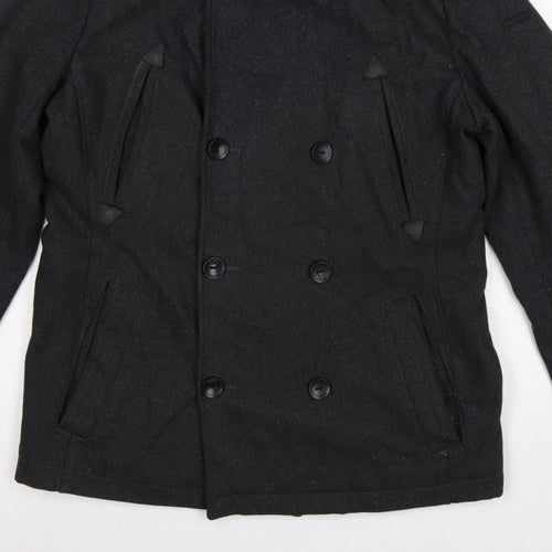 Guess Men’s Black Wool Blend Pea Coat UK 36 Medium Double Breasted