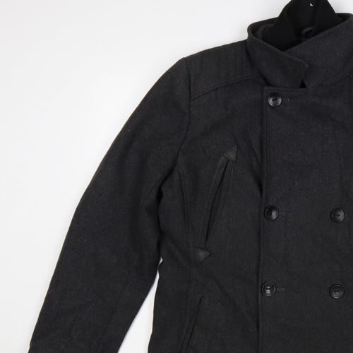 Guess Men’s Black Wool Blend Pea Coat UK 36 Medium Double Breasted