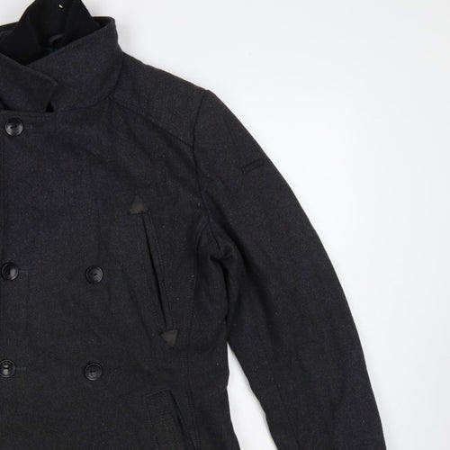 Guess Men’s Black Wool Blend Pea Coat UK 36 Medium Double Breasted