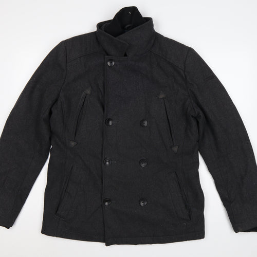 Guess Men’s Black Wool Blend Pea Coat UK 36 Medium Double Breasted