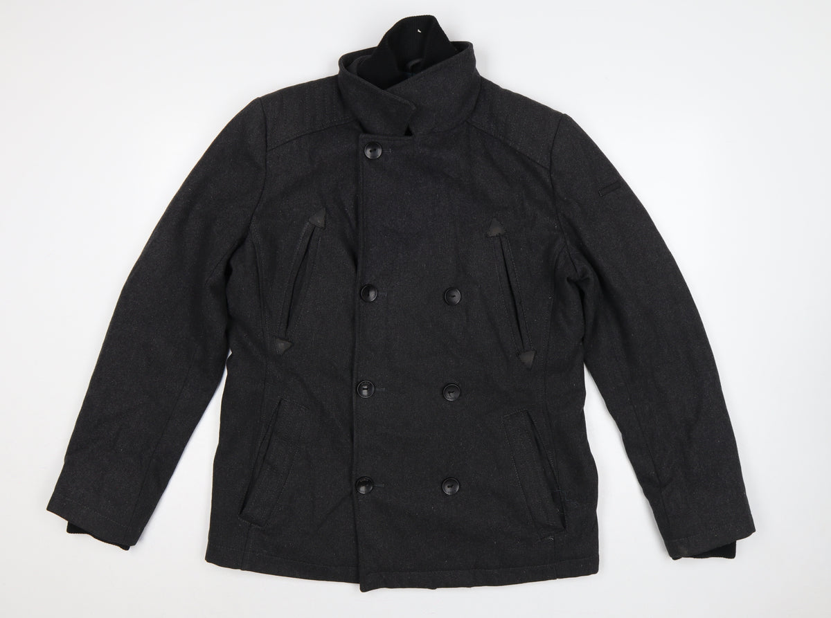 Guess Men’s Black Wool Blend Pea Coat UK 36 Medium Double Breasted