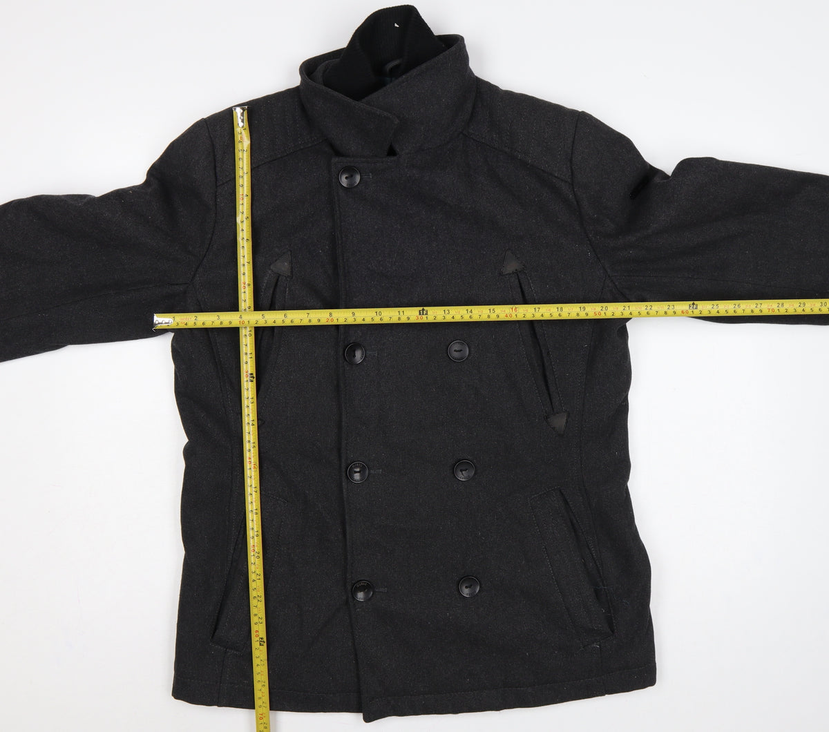 Guess Men’s Black Wool Blend Pea Coat UK 36 Medium Double Breasted