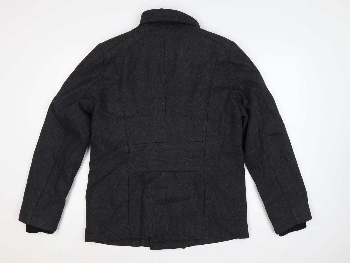 Guess Men’s Black Wool Blend Pea Coat UK 36 Medium Double Breasted