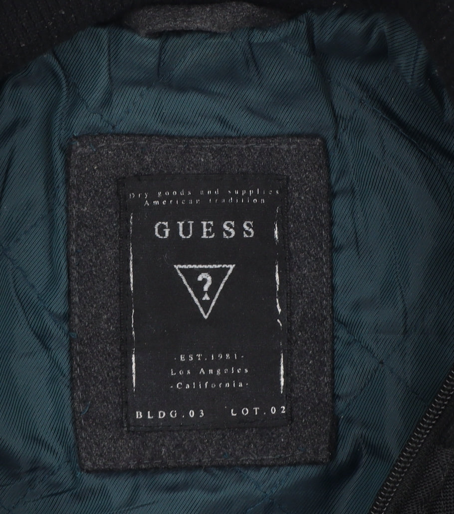 Guess Men’s Black Wool Blend Pea Coat UK 36 Medium Double Breasted