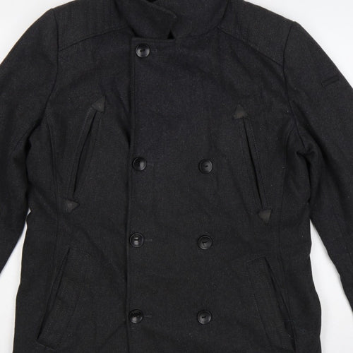 Guess Men’s Black Wool Blend Pea Coat UK 36 Medium Double Breasted