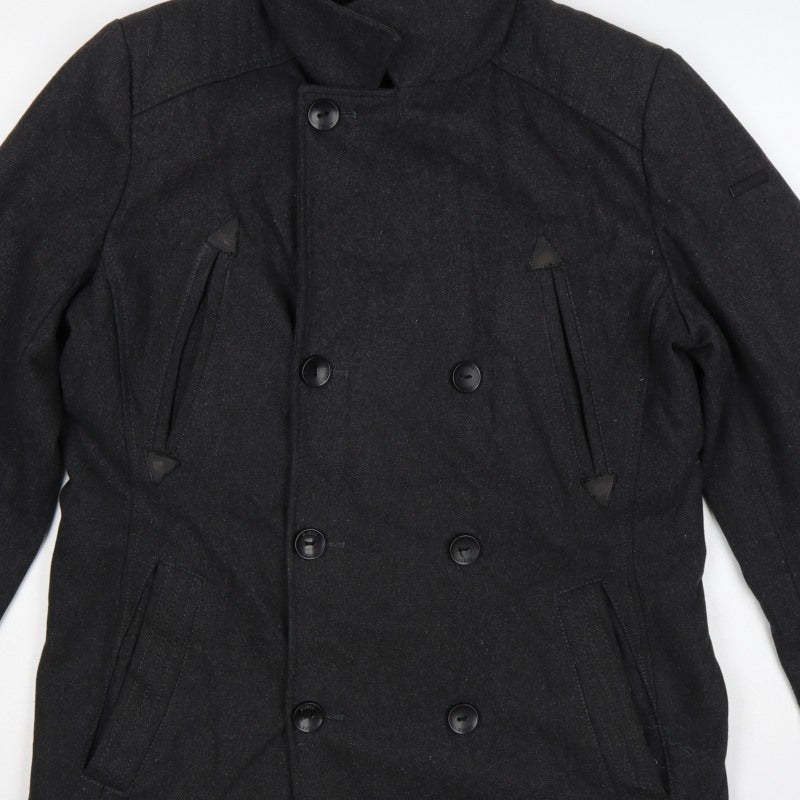 Guess Men’s Black Wool Blend Pea Coat UK 36 Medium Double Breasted