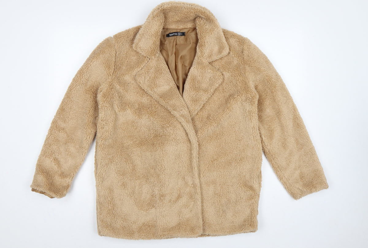 Boohoo Women’s Beige Size 4 Teddy Fleece Mid-Length Overcoat