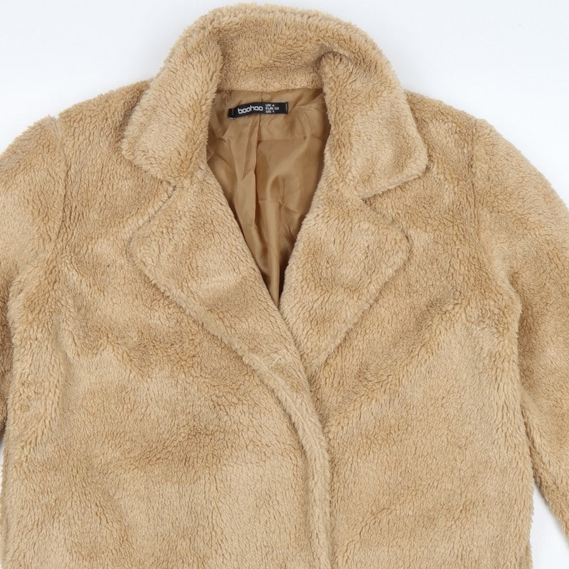 Boohoo Women’s Beige Size 4 Teddy Fleece Mid-Length Overcoat