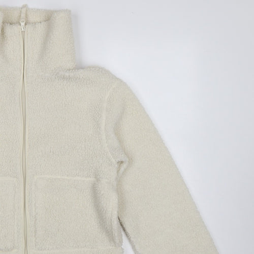 H&M Women Ivory S Teddy Fleece Full Zip Jacket Pockets