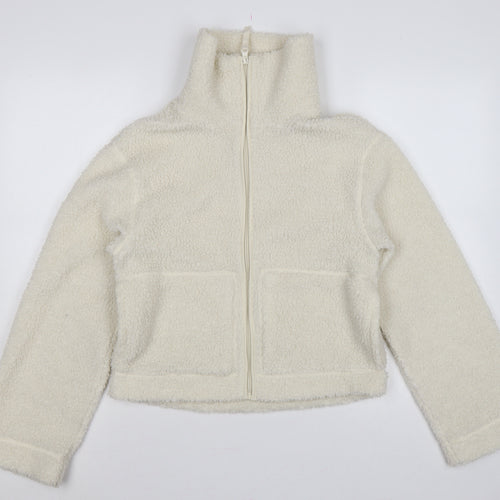 H&M Women Ivory S Teddy Fleece Full Zip Jacket Pockets