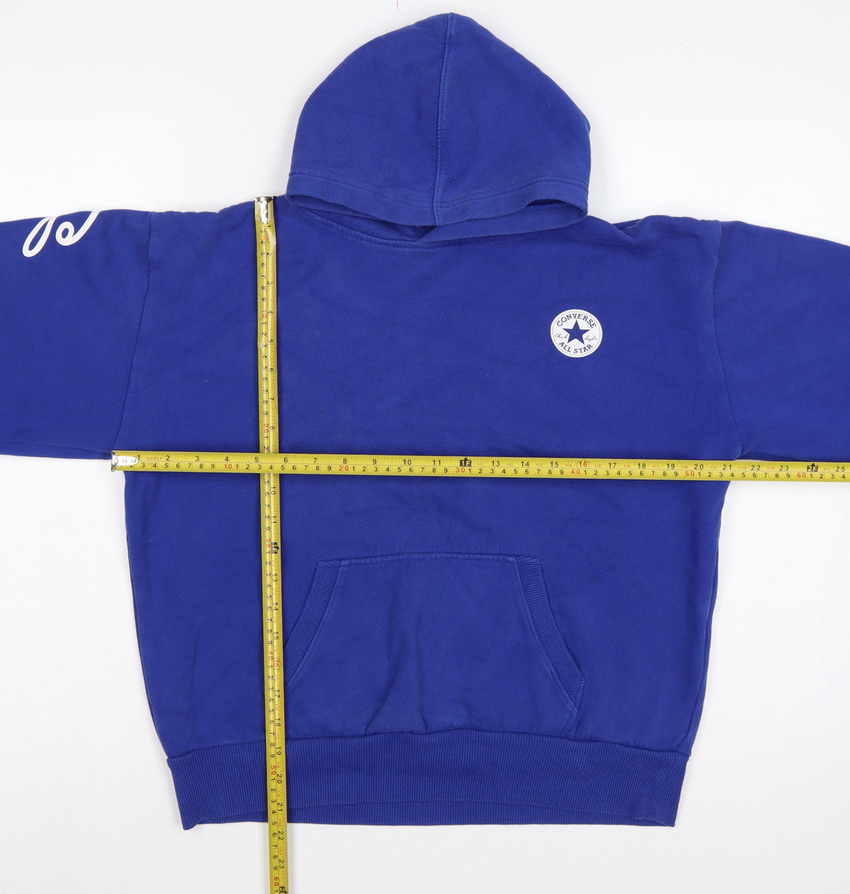 Close-up detail of Converse boys’ blue 12-13 years pullover hoodie logo graphic print