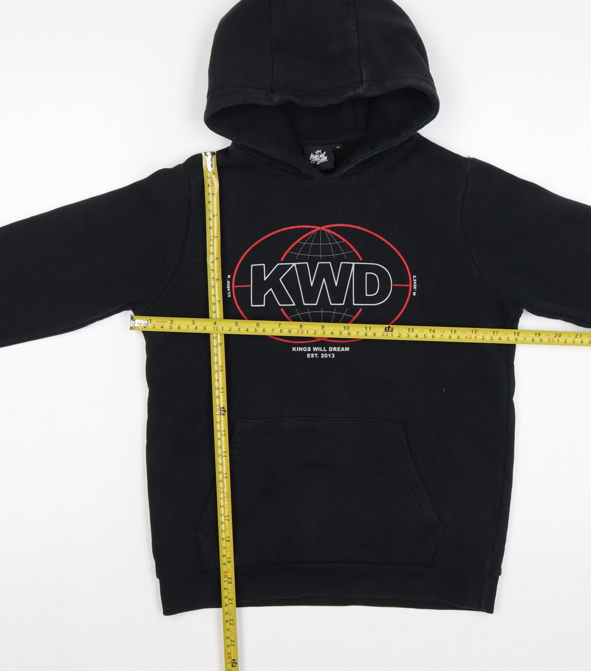 Close-up detail of Kings Will Dream boys’ black m pullover graphic logo hoodie