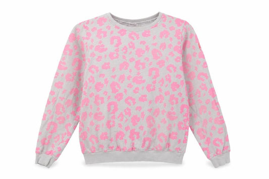 Front view of Scamp & Dude Women’s Grey Pink S Leopard Lightning Sweatshirt