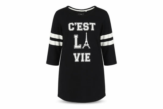 Front view of Next Women Black, size 18, T-Shirt Dress Paris Graphic Stripe Sleeve