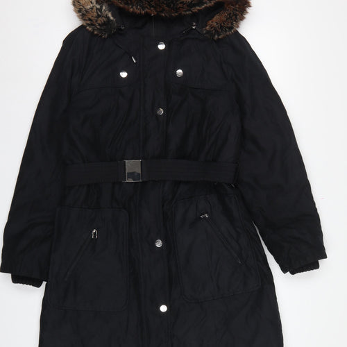 Per Una Women Black M Long Belted Faux Fur Hood Parka Coat