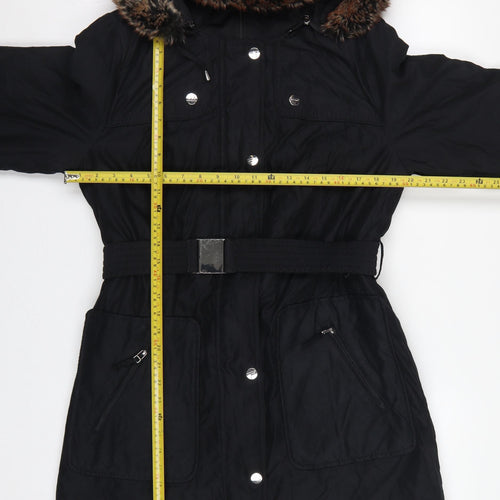 Per Una Women Black M Long Belted Faux Fur Hood Parka Coat