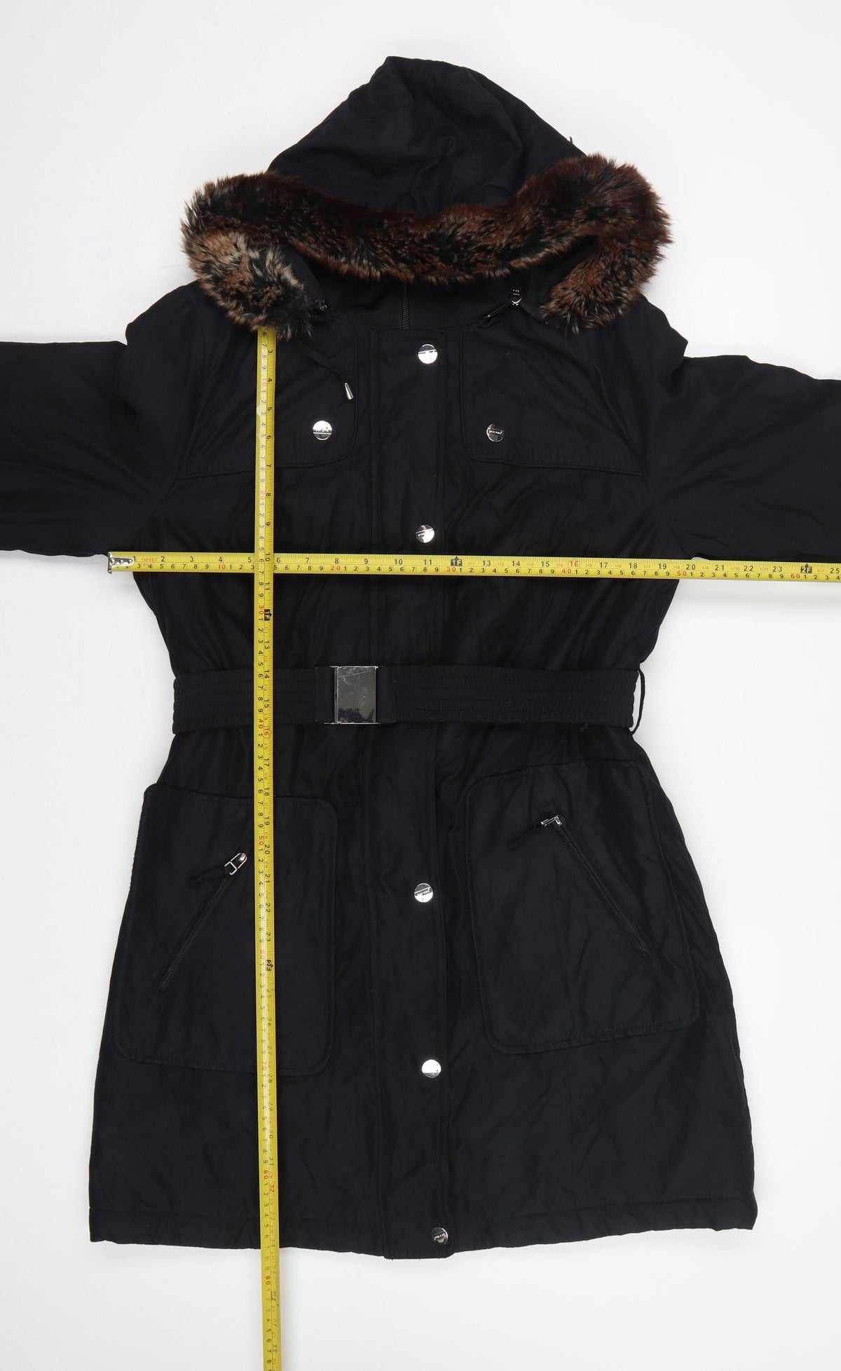 Per Una Women Black M Long Belted Faux Fur Hood Parka Coat