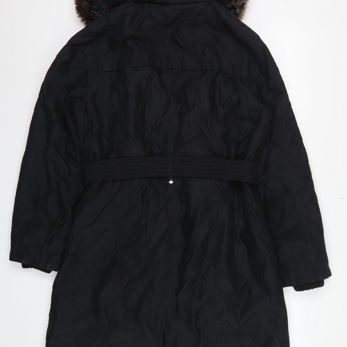 Per Una Women Black M Long Belted Faux Fur Hood Parka Coat