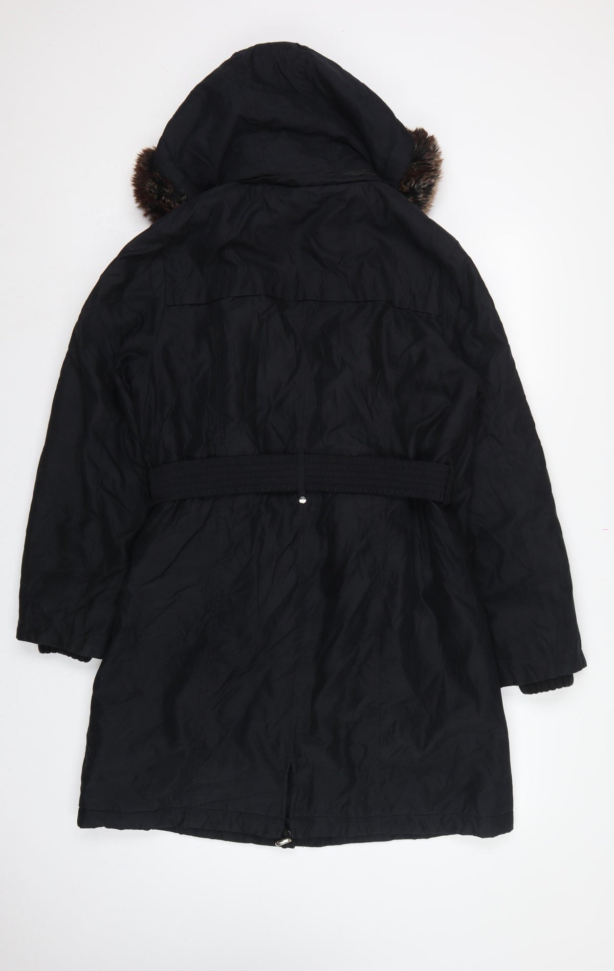 Per Una Women Black M Long Belted Faux Fur Hood Parka Coat