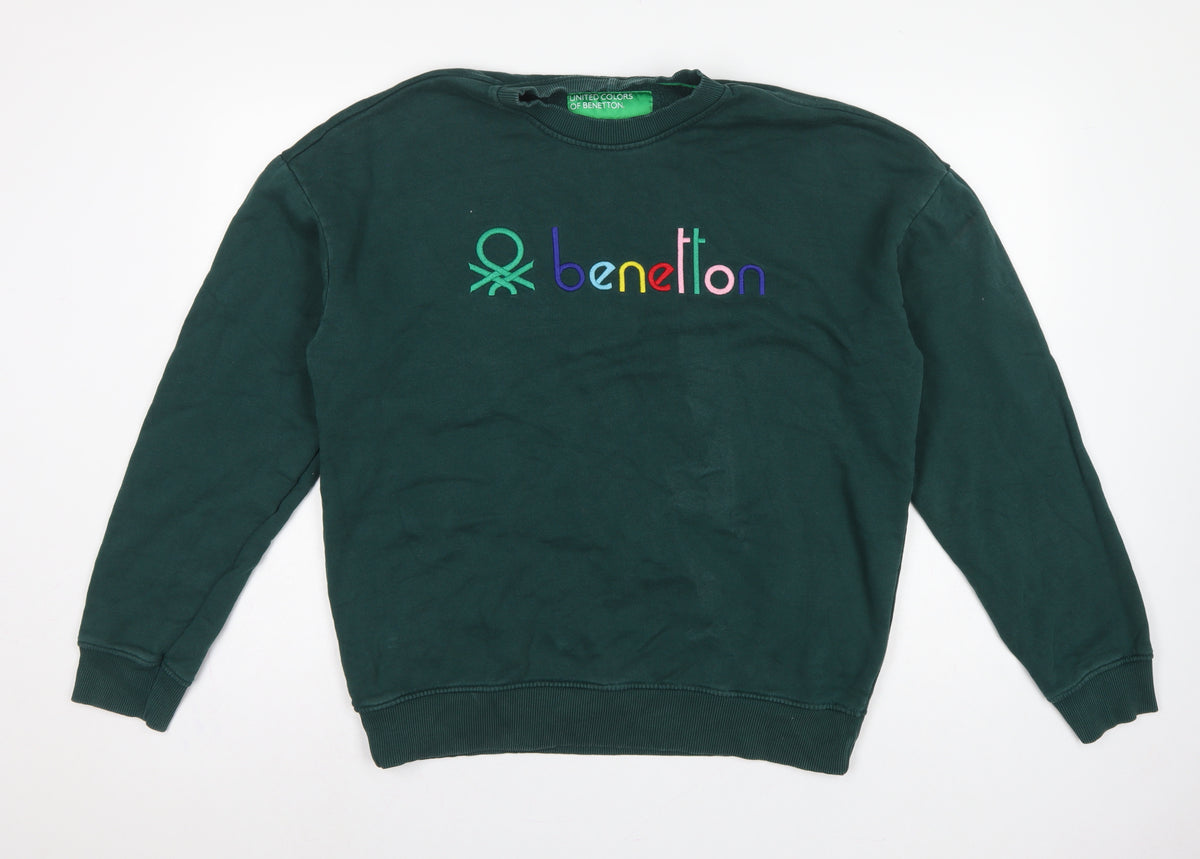 Benetton Men's Green M Crew Neck Embroidered Logo Sweatshirt