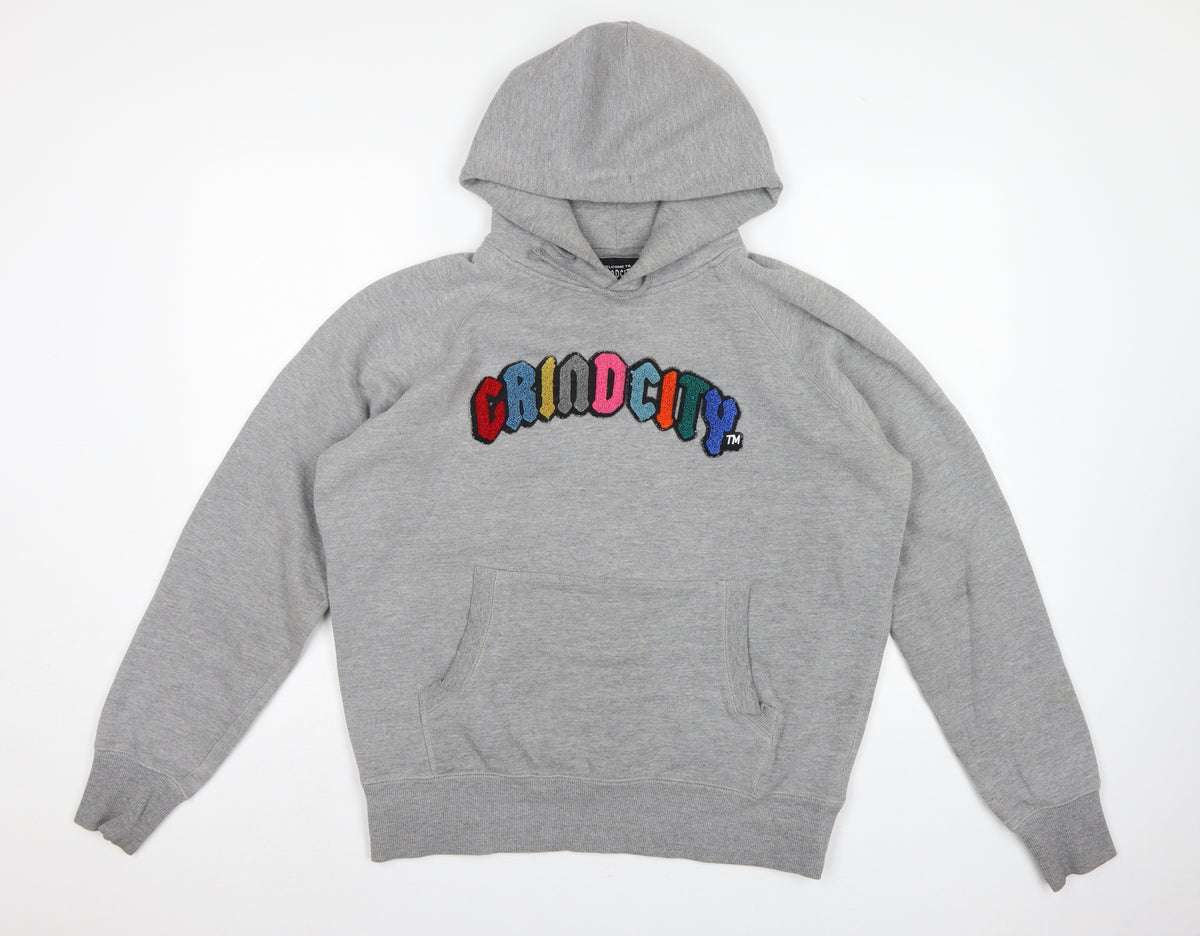Back view of Grindcity Men’s Grey Medium Pullover Hoodie Embroidered Logo