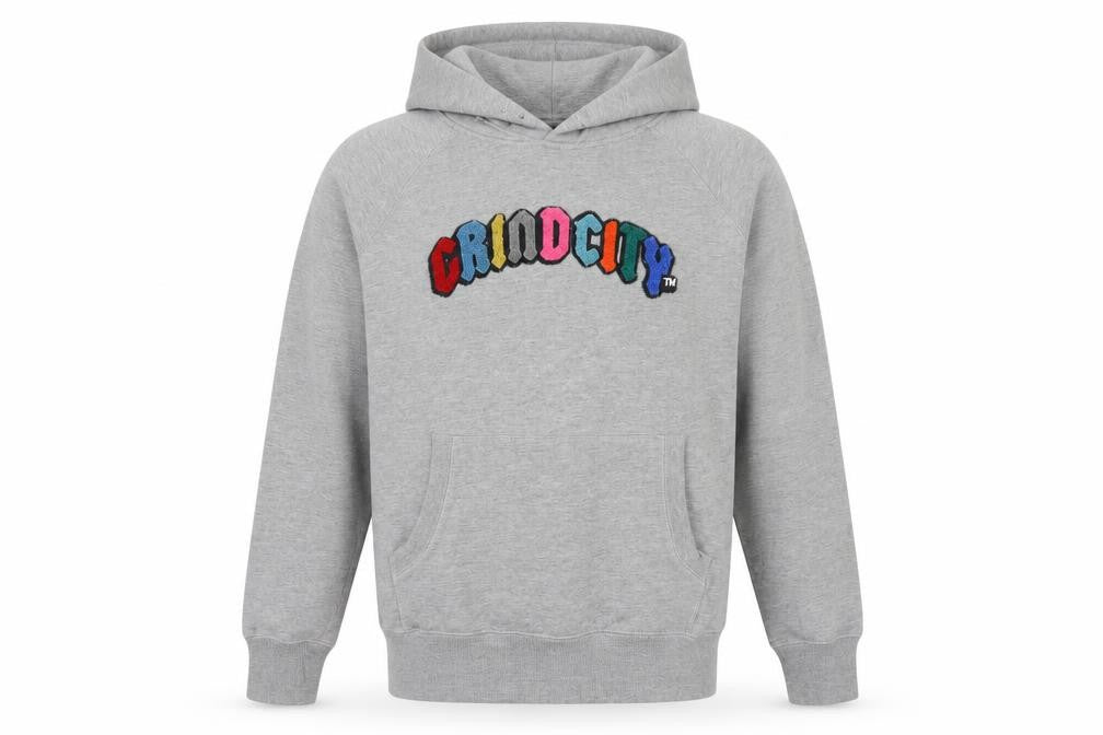 Front view of Grindcity Men’s Grey Medium Pullover Hoodie Embroidered Logo