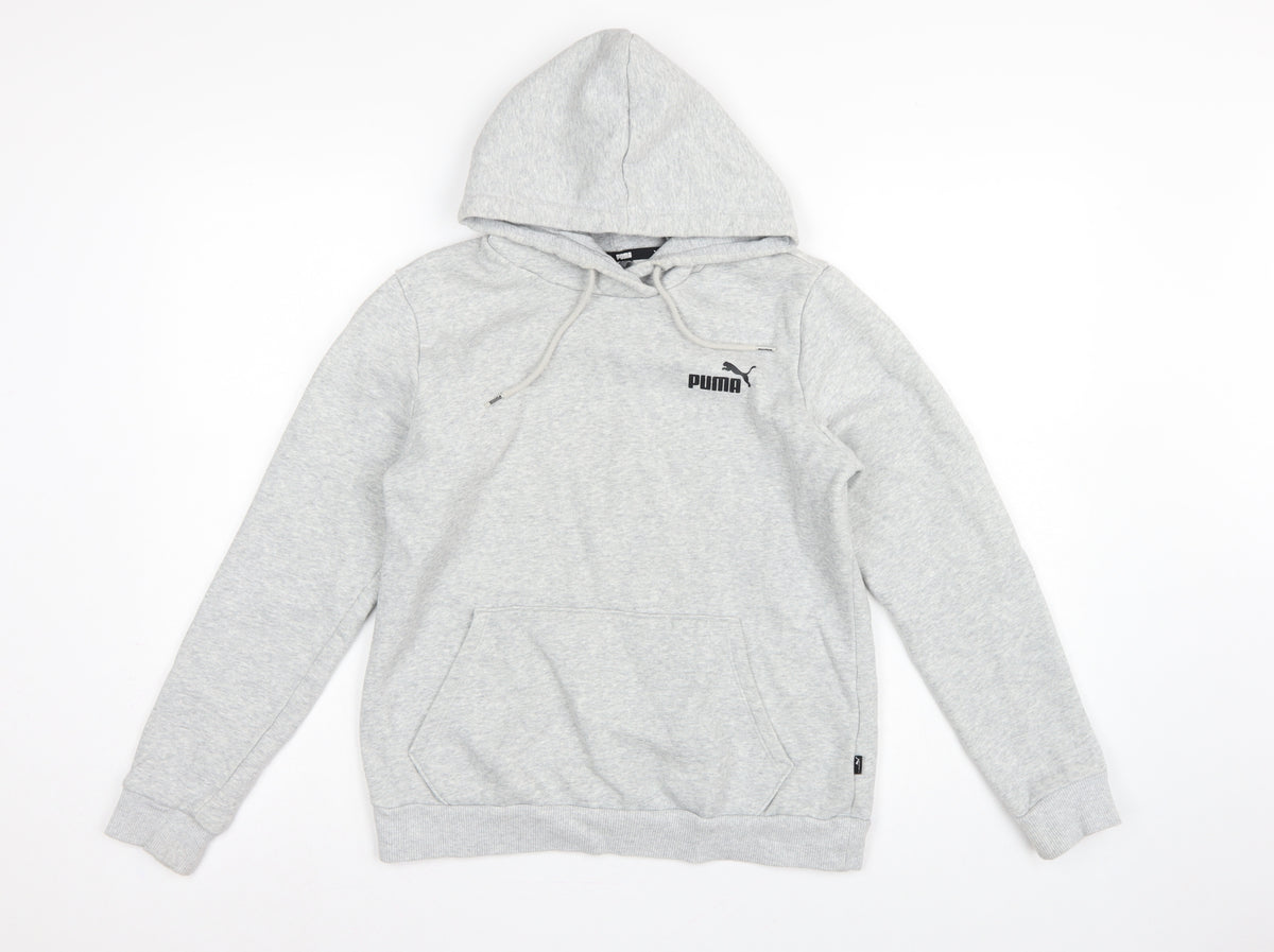 Back view of Puma Women’s Grey Logo Pullover Hoodie M Hooded Pocket