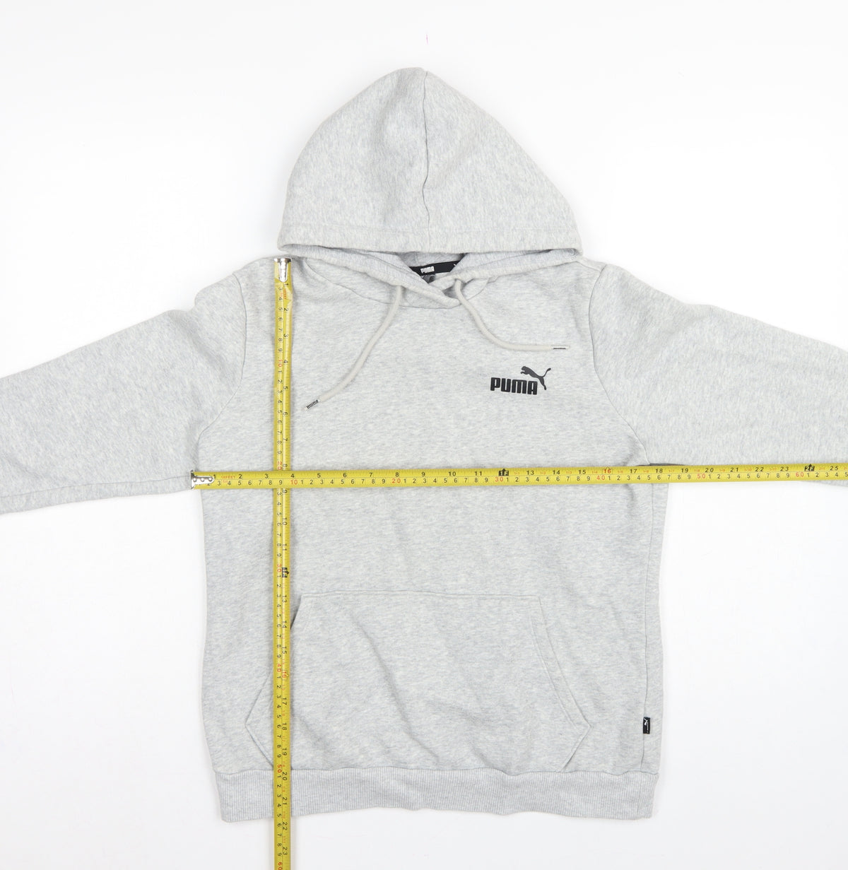 Close-up detail of Puma Women’s Grey Logo Pullover Hoodie M Hooded Pocket