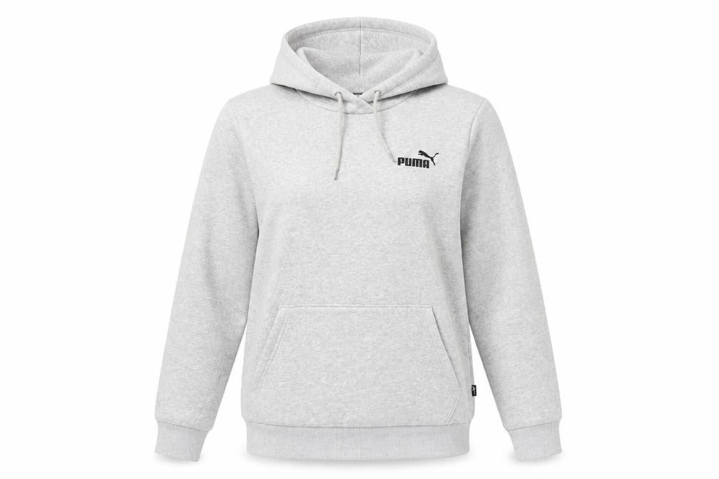 Front view of Puma Women’s Grey Logo Pullover Hoodie M Hooded Pocket