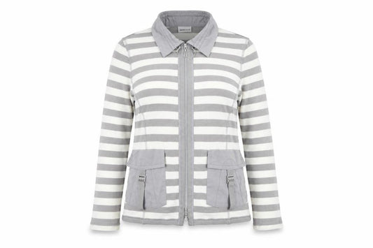Front view of Frank Walder Women Grey Cream Striped Full Zip Knit Jumper UK 18