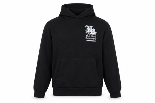 Front view of Hoodrich Men Black S Pullover Graphic Print Hoodie Logo Pockets