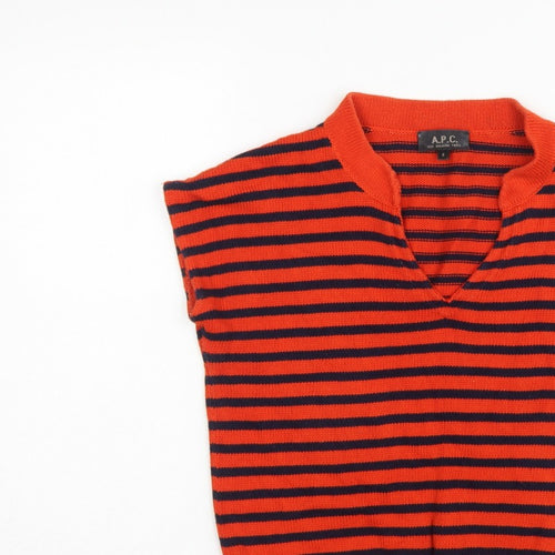 A.P.C. Women Orange Navy Stripe Pima Cotton V-Neck Sleeveless Jumper S