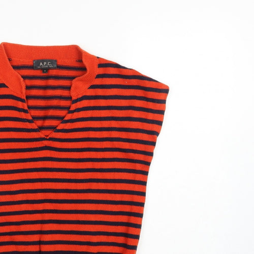 A.P.C. Women Orange Navy Stripe Pima Cotton V-Neck Sleeveless Jumper S