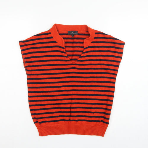 A.P.C. Women Orange Navy Stripe Pima Cotton V-Neck Sleeveless Jumper S