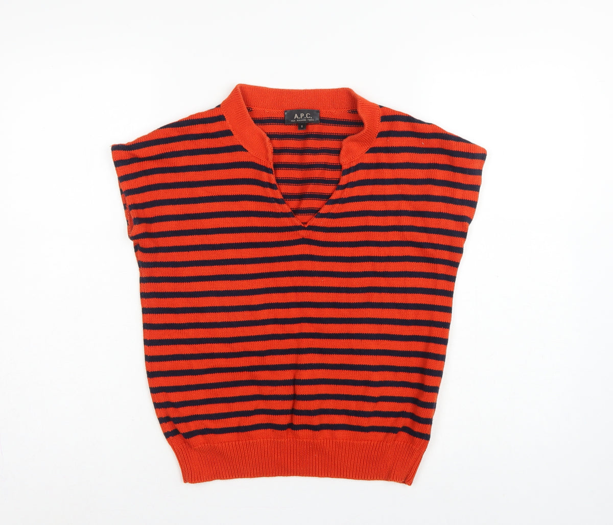 A.P.C. Women Orange Navy Stripe Pima Cotton V-Neck Sleeveless Jumper S
