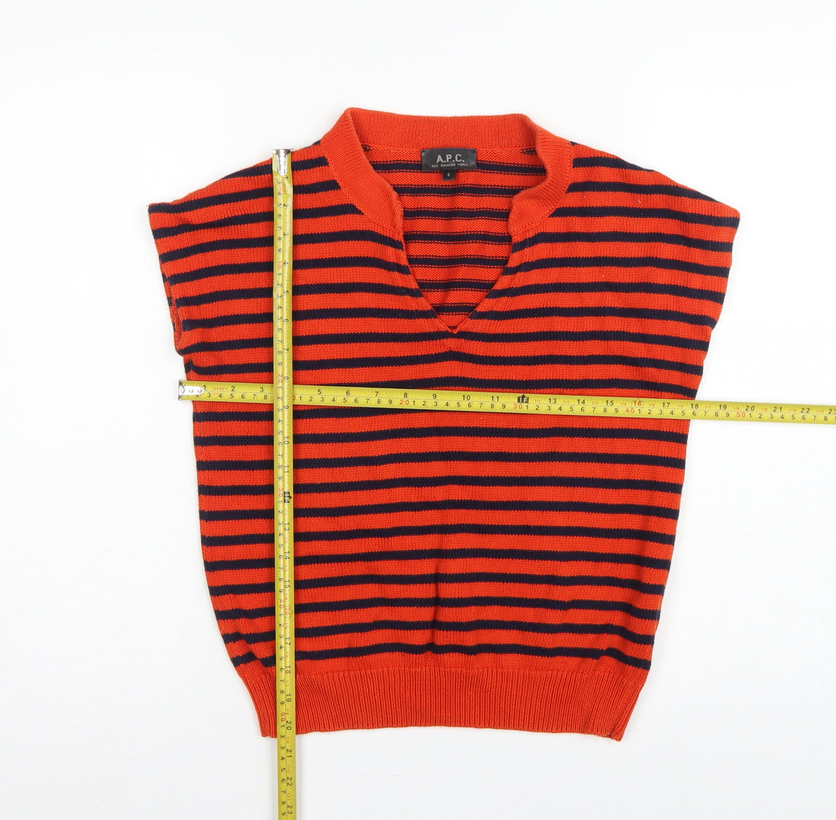 A.P.C. Women Orange Navy Stripe Pima Cotton V-Neck Sleeveless Jumper S