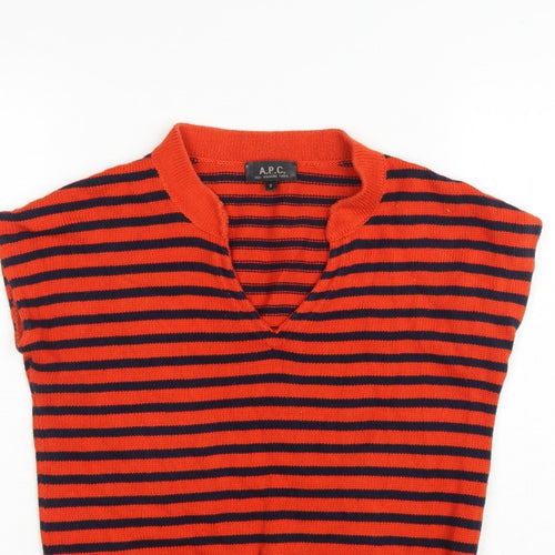 A.P.C. Women Orange Navy Stripe Pima Cotton V-Neck Sleeveless Jumper S