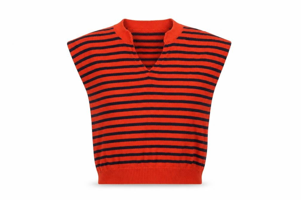 A.P.C. Women Orange Navy Stripe Pima Cotton V-Neck Sleeveless Jumper S