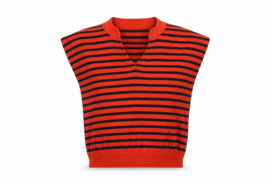 A.P.C. Women Orange Navy Stripe Pima Cotton V-Neck Sleeveless Jumper S