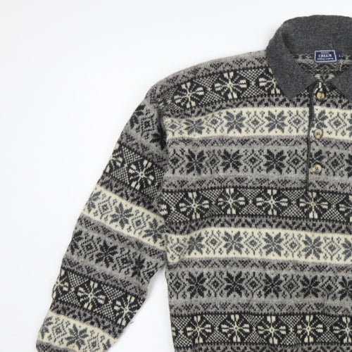 Creem Men’s Grey L Shetland Wool Fair Isle Henley Jumper