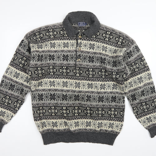 Creem Men’s Grey L Shetland Wool Fair Isle Henley Jumper